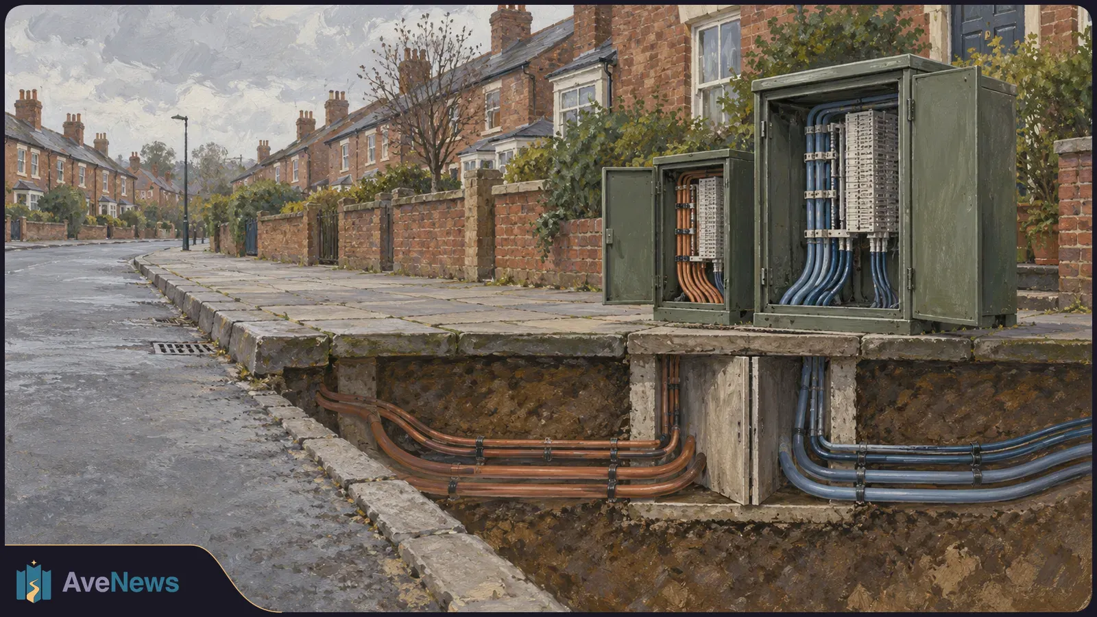 Two open roadside telecom cabinets and exposed cable runs beside a quiet street of brick houses, rendered as a painting. SI illustration