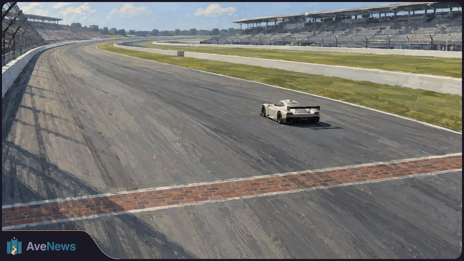 A white race car with a large rear wing drives on a broad track, with a brick strip in the foreground and empty grandstands beyond. SI illustration
