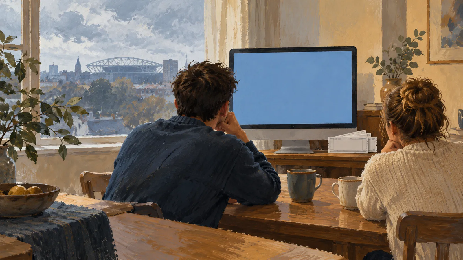 A painterly illustration of two people at a table facing a blank blue computer screen, with tickets beside it and a stadium visible through the window. SI illustration