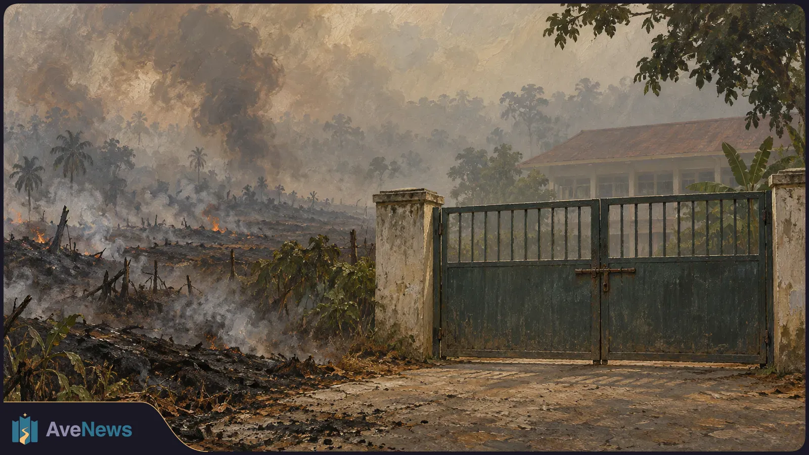 Small fires burn across charred ground beneath a thick plume of smoke. A closed metal gate stands in front of a building and trees. SI illustration