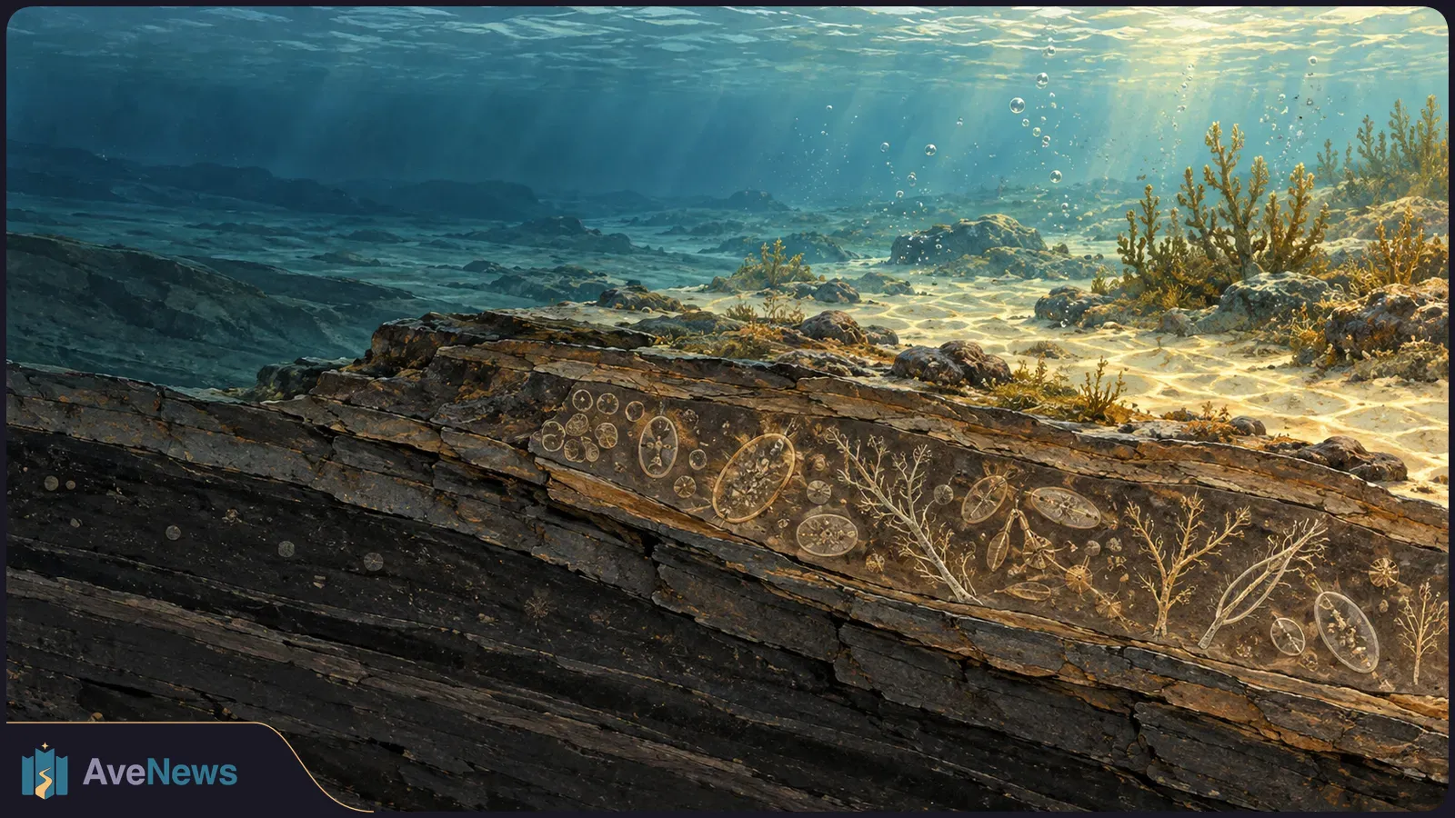 Illustrated underwater scene with a sunlit sandy seabed above layered rock containing pale, circular fossil-like shapes; aquatic plants and bubbles surround it. SI illustration