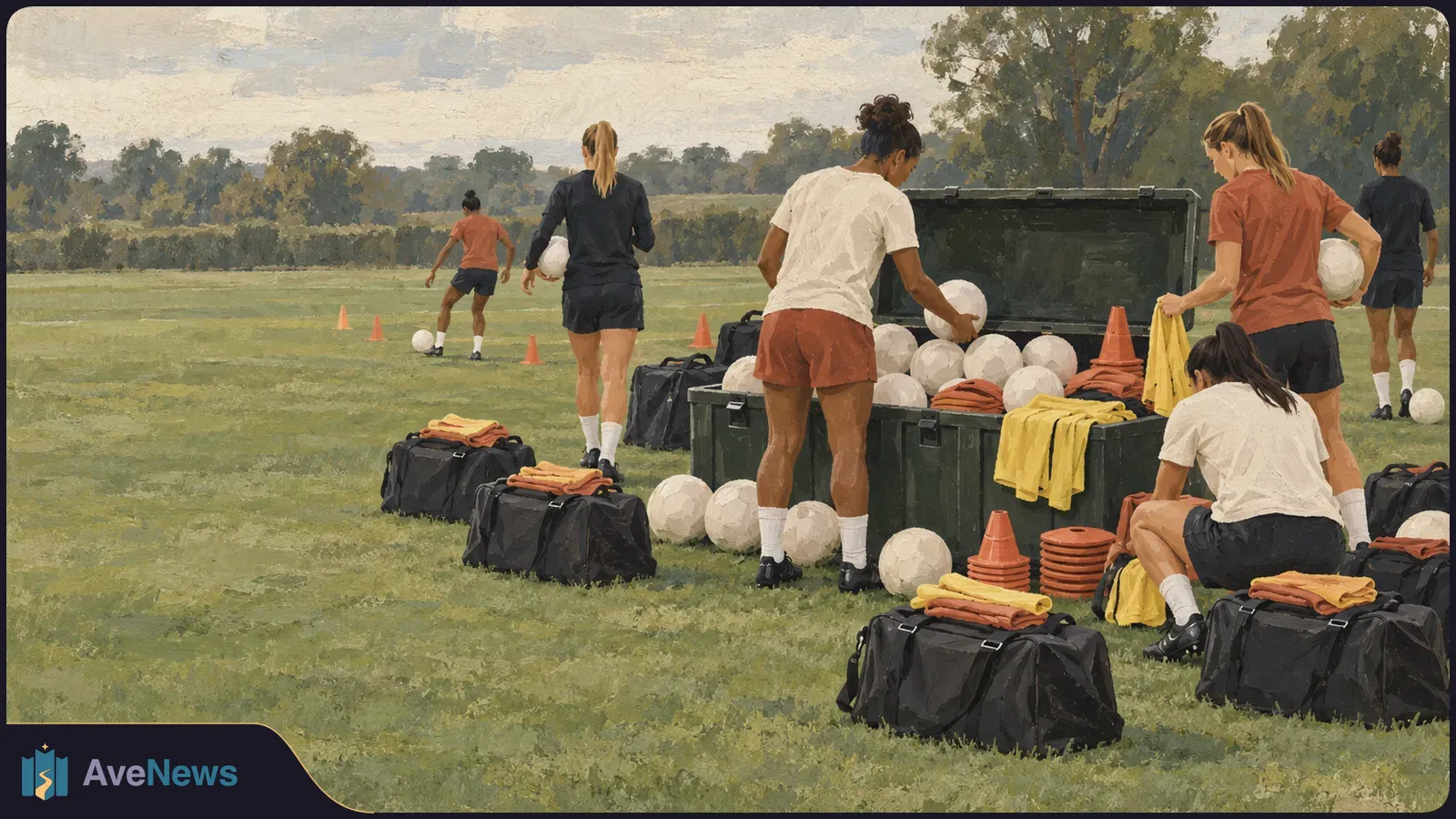Illustration of soccer players gathering balls, cones and training bibs around open equipment bins on a grassy field. SI illustration