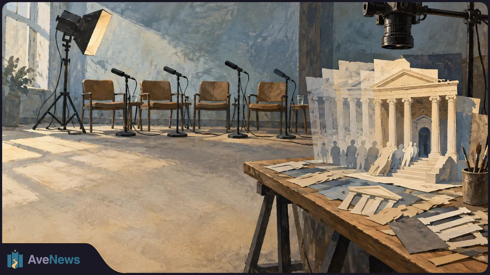 A painted studio set has four empty chairs and microphones. On a foreground table, paper cutouts of a columned building and people sit beneath an overhead camera. SI illustration