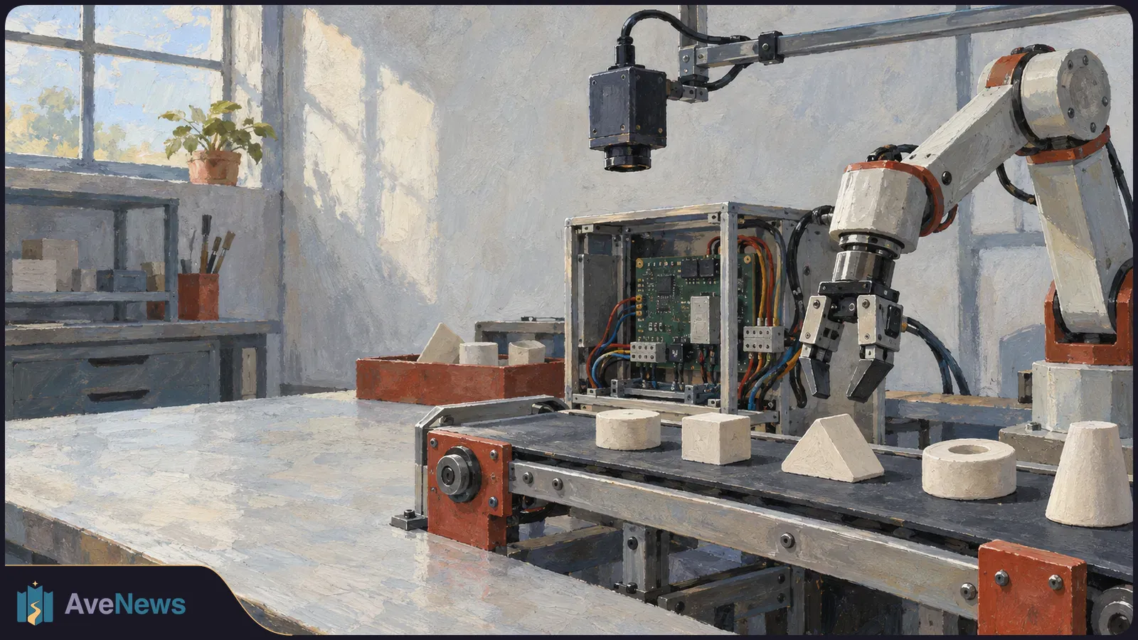Painterly workshop scene with an overhead camera, an exposed circuit board and a robotic gripper beside a conveyor carrying white geometric shapes. SI illustration