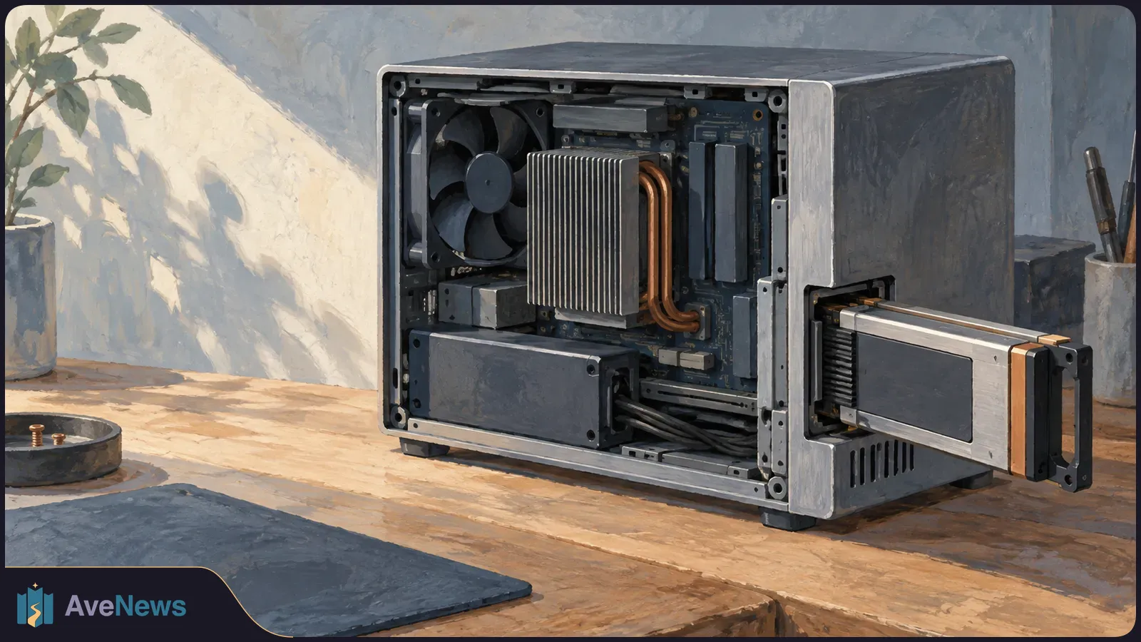 Painted illustration of an open desktop computer on a wooden table, showing a fan, finned heatsink and a storage module pulled partway out of its side. SI illustration