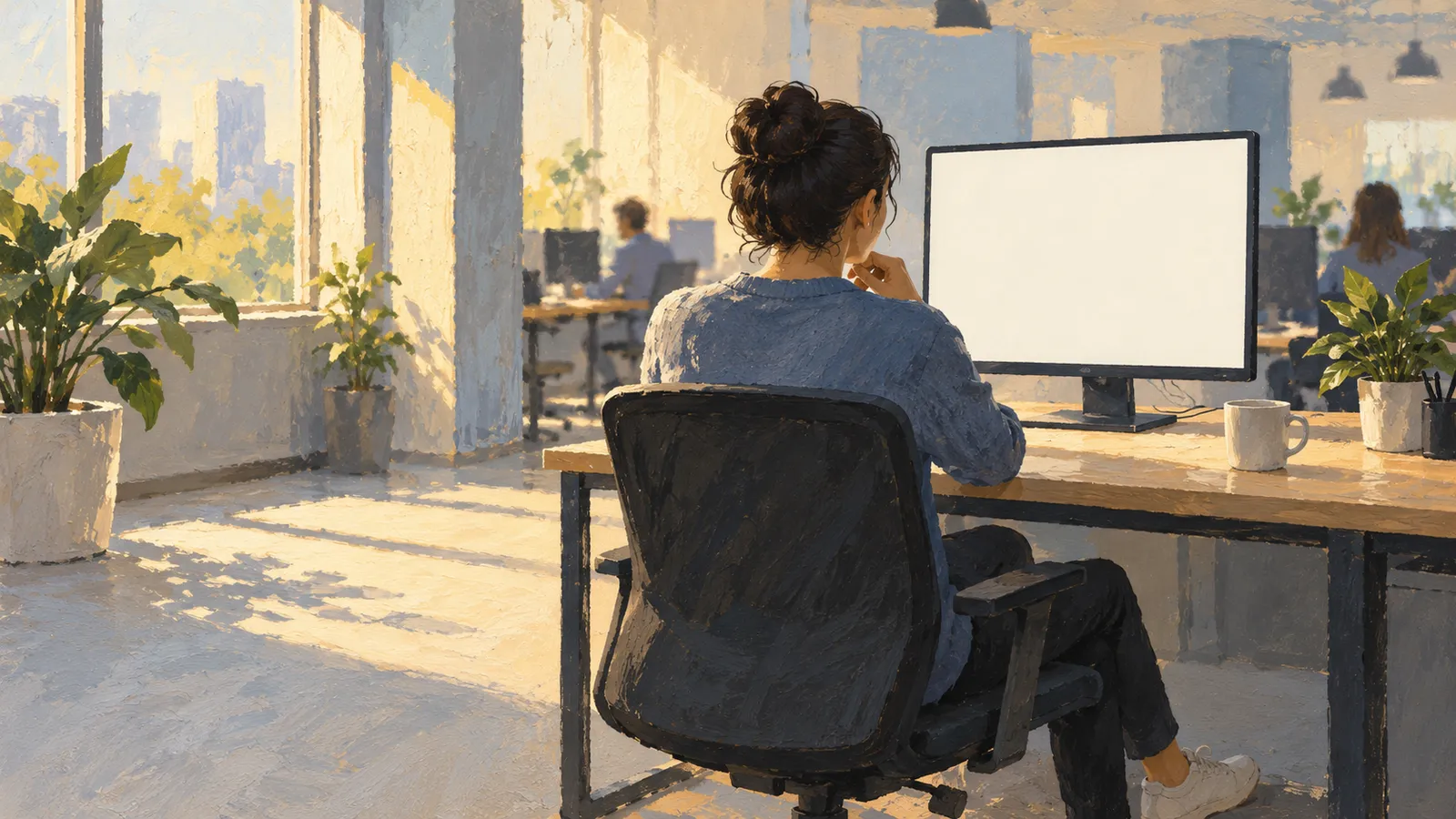A painterly illustration of a person seated at a blank computer screen in a sunlit office, with plants and other people in the background. SI illustration