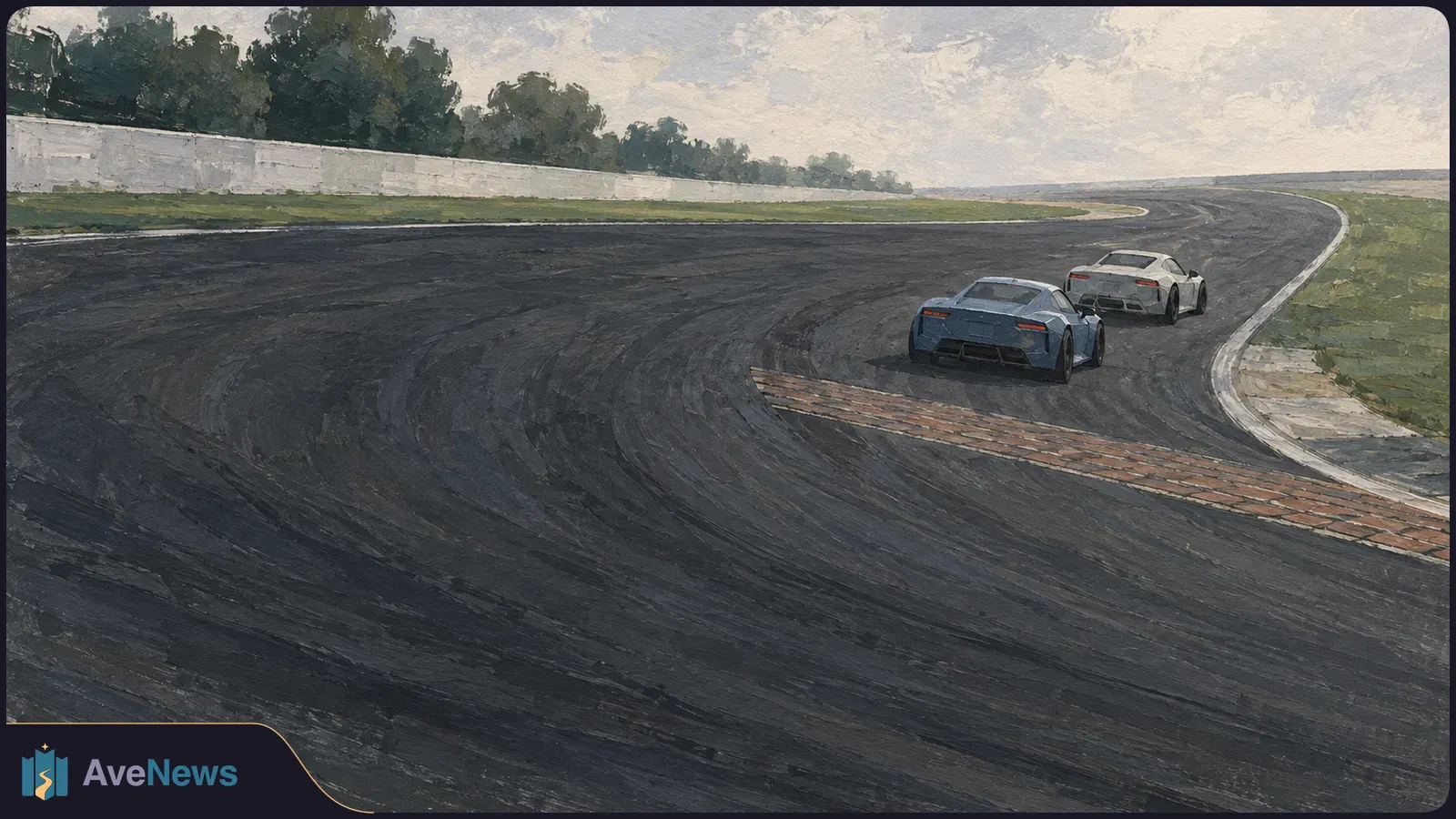 Painted view of two sports cars rounding a broad racetrack bend, with grass, a white barrier and trees beyond. SI illustration