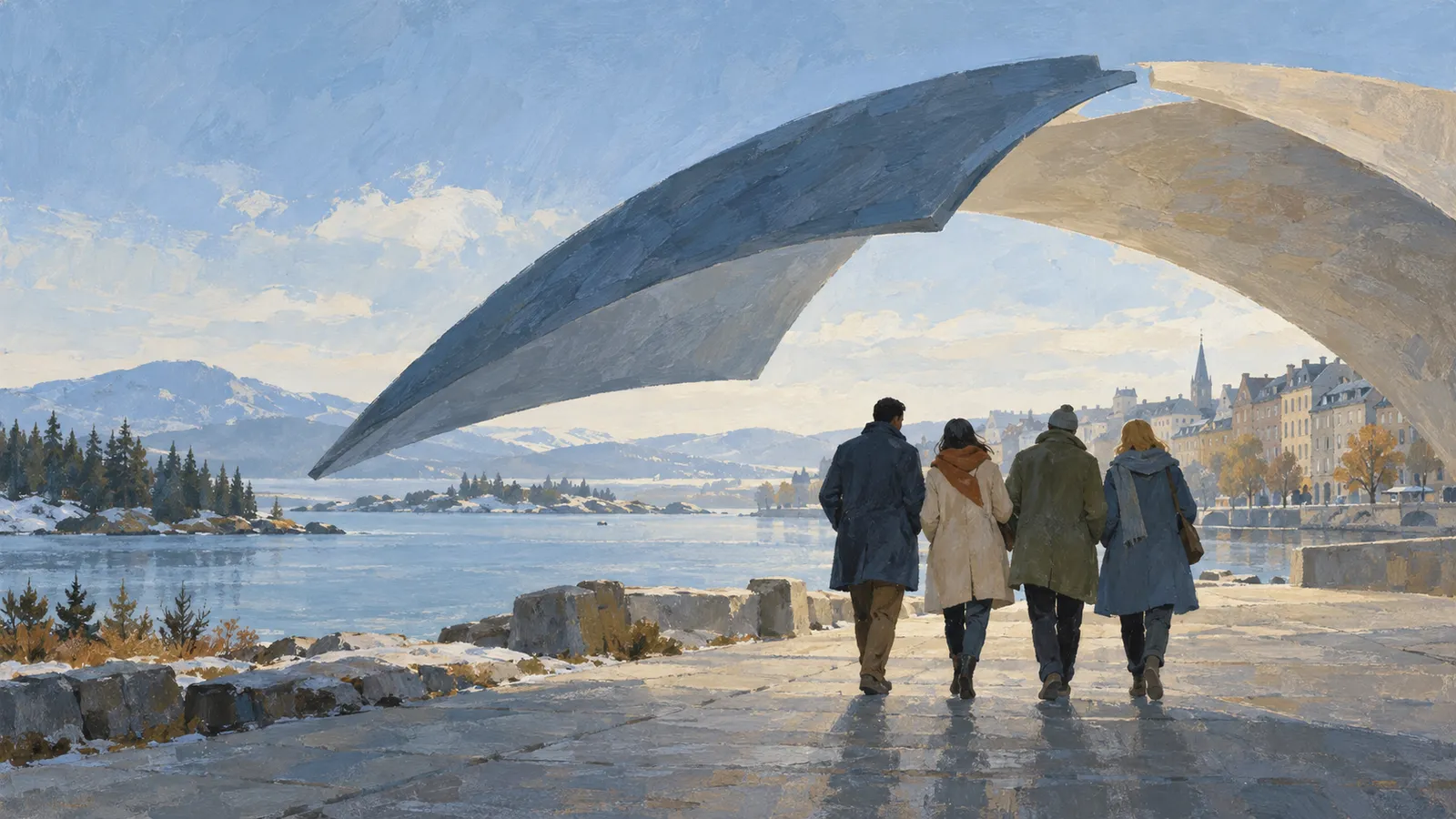 Four people in winter coats walk beneath a sweeping abstract arch along a snowy waterfront, with mountains and a town in the distance. SI illustration
