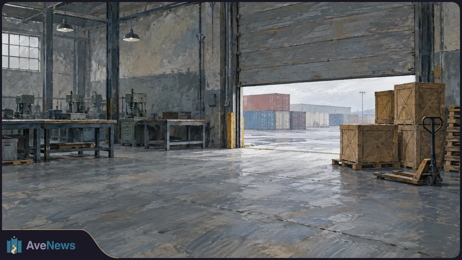 Painted view of an empty factory warehouse with workbenches, wooden crates and a pallet jack; an open loading door reveals shipping containers outside. SI illustration