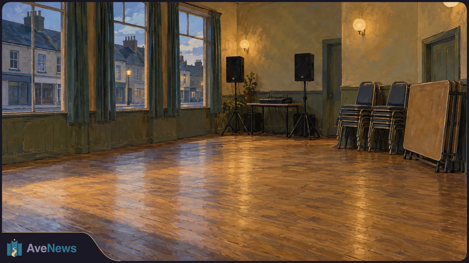 Painted empty hall with a wooden dance floor, speakers and a sound mixer at the back, stacked chairs and folded tables by the wall, and a street visible through tall windows. SI illustration