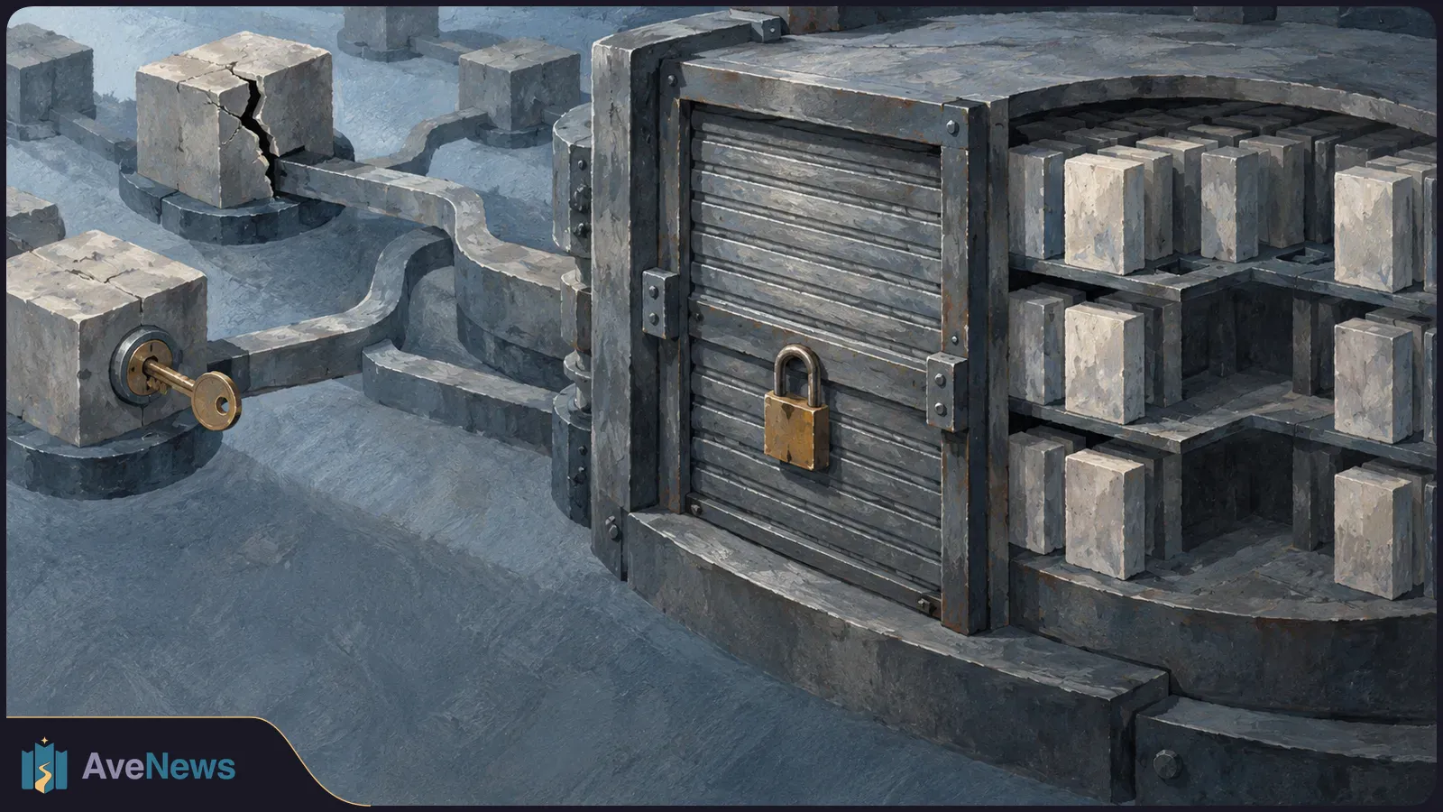 Illustration of a locked metal vault filled with pale rectangular blocks. A key protrudes from a nearby stone block, and another block is cracked. SI illustration