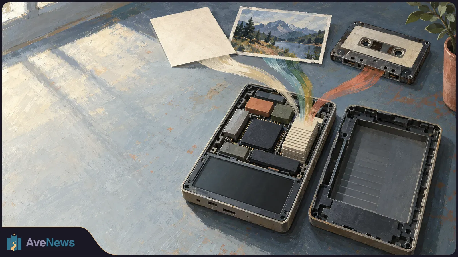 Painterly illustration of an opened handheld device, with colored streams from a blank sheet, landscape photo and cassette flowing into its chip. SI illustration
