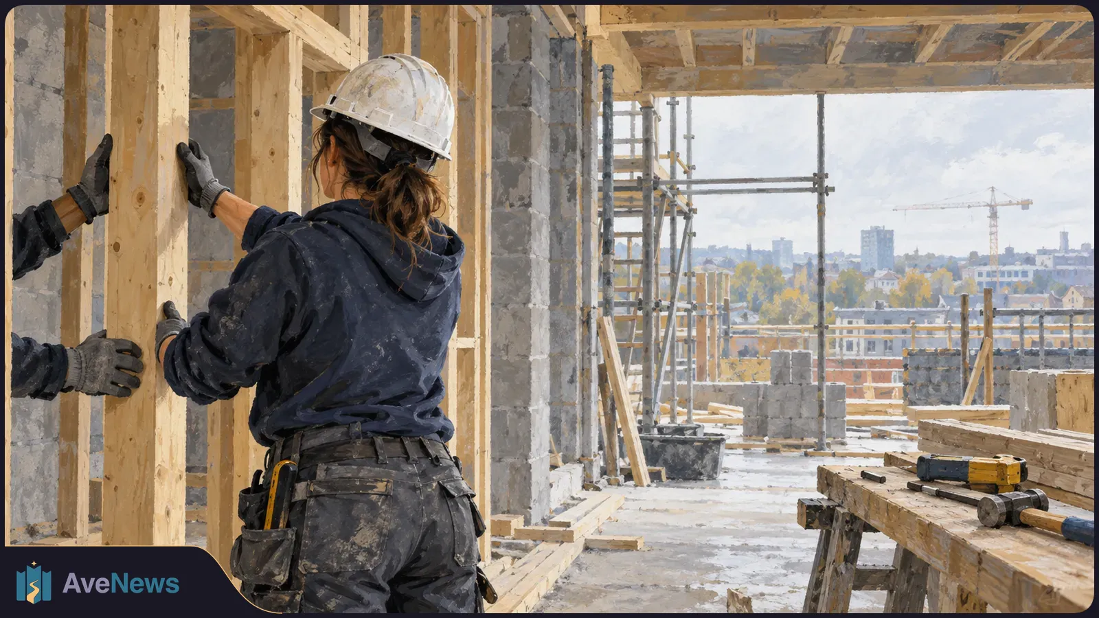 Illustration of a woman in a hard hat positioning timber framing as another worker holds a post; scaffolding and tools are visible at the construction site. SI illustration