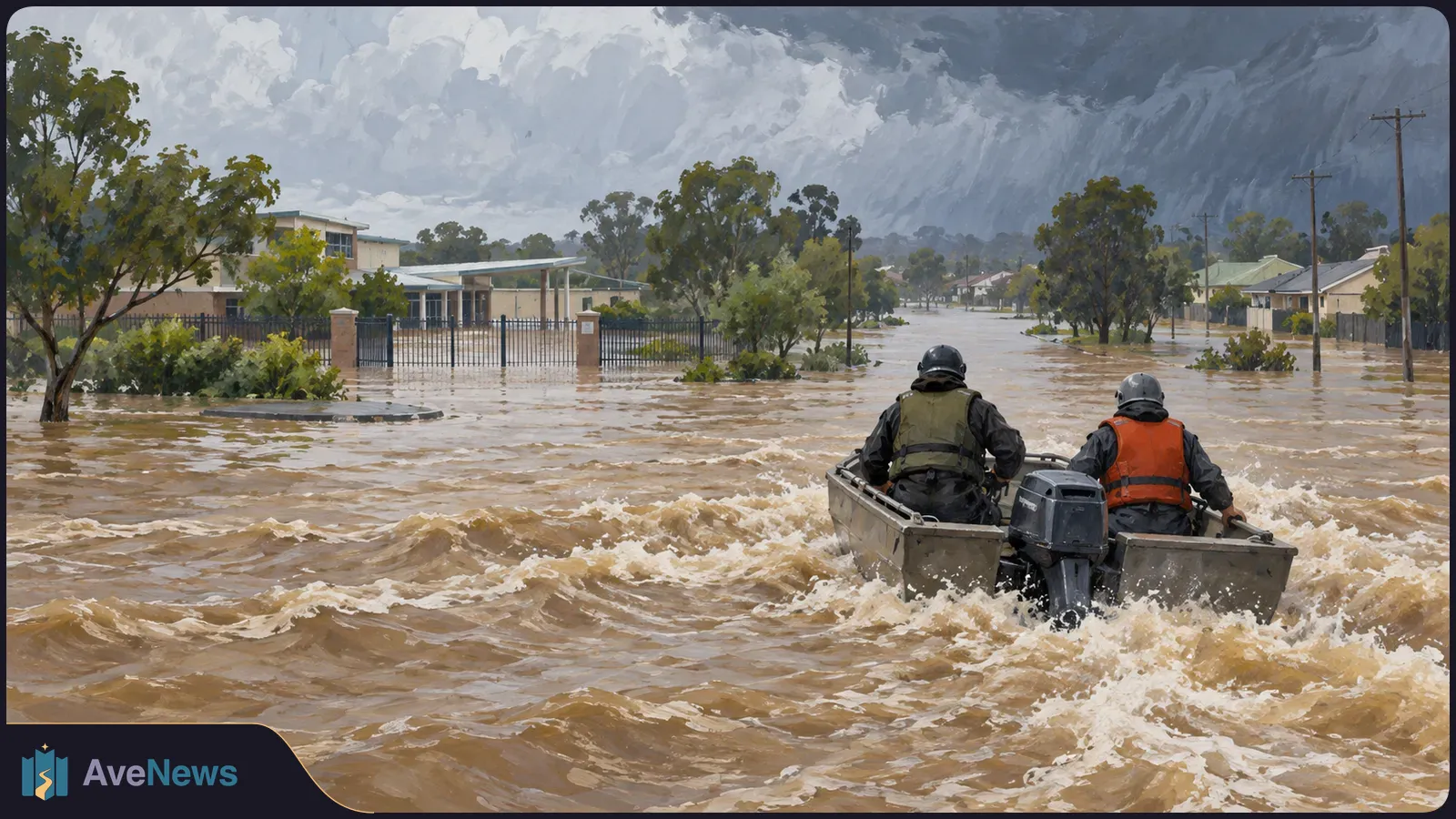 Painting of two helmeted people in a motorboat crossing muddy floodwater on a submerged street, with houses, trees and dark storm clouds behind them. SI illustration