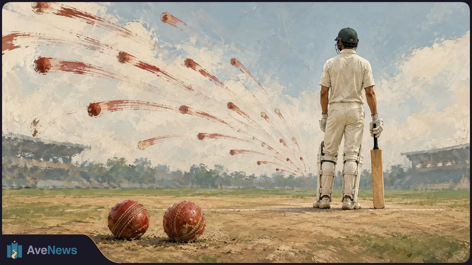 Painted illustration of a cricket batter seen from behind on a field, holding a bat, with two balls in the foreground and many ball-shaped streaks arcing across the sky. SI illustration