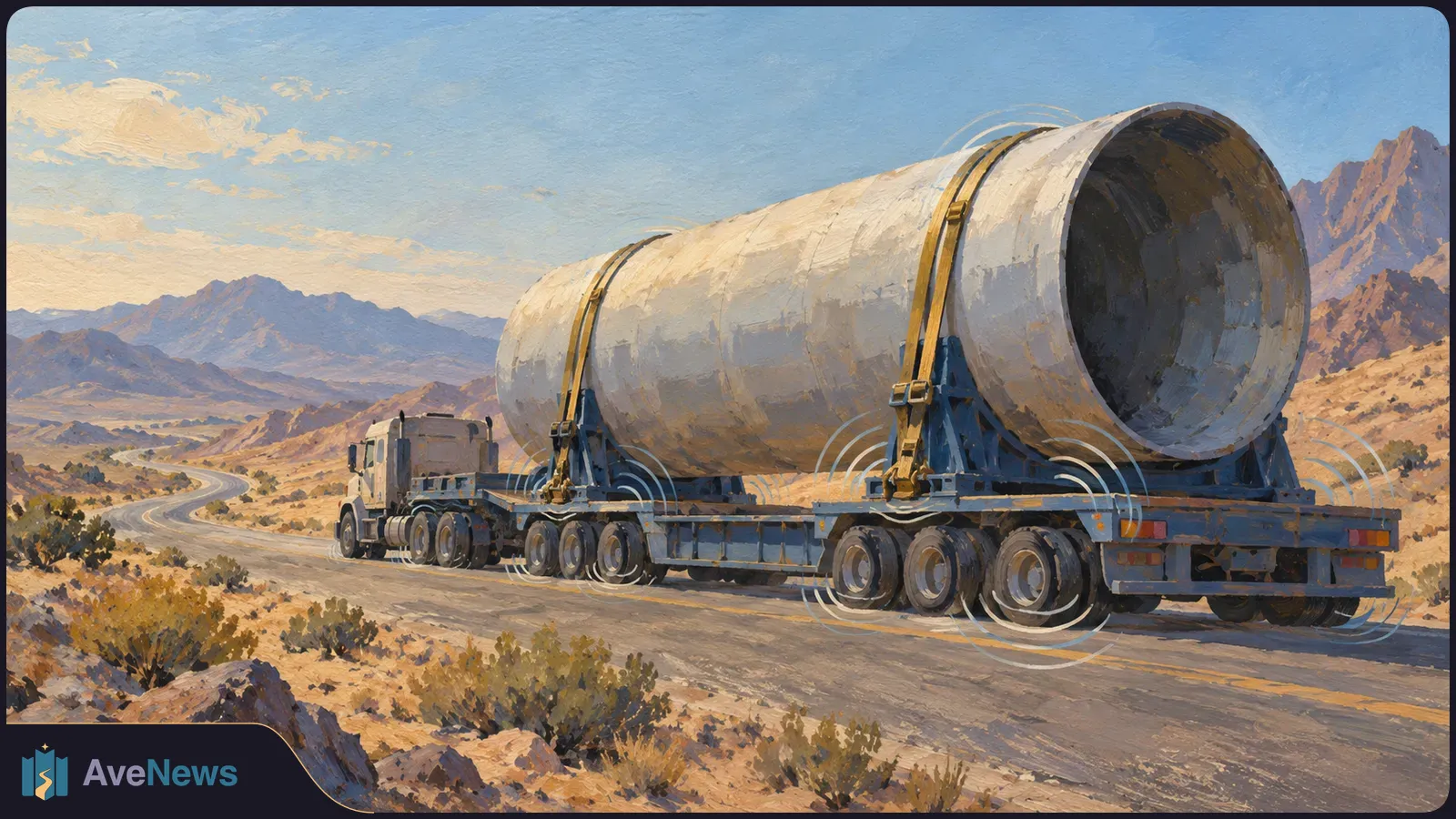 Illustration of a truck hauling a large hollow cylinder along a desert road, with pale curved lines around the load and wheels. SI illustration