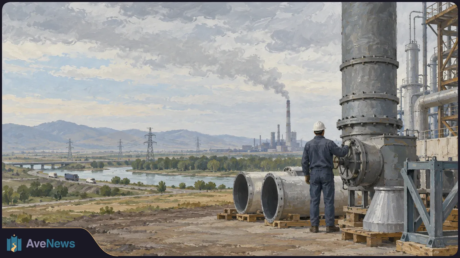 Painted industrial landscape with a worker beside large pipes, a smoking chimney in the distance, power lines, a river and mountains under a cloudy sky. SI illustration