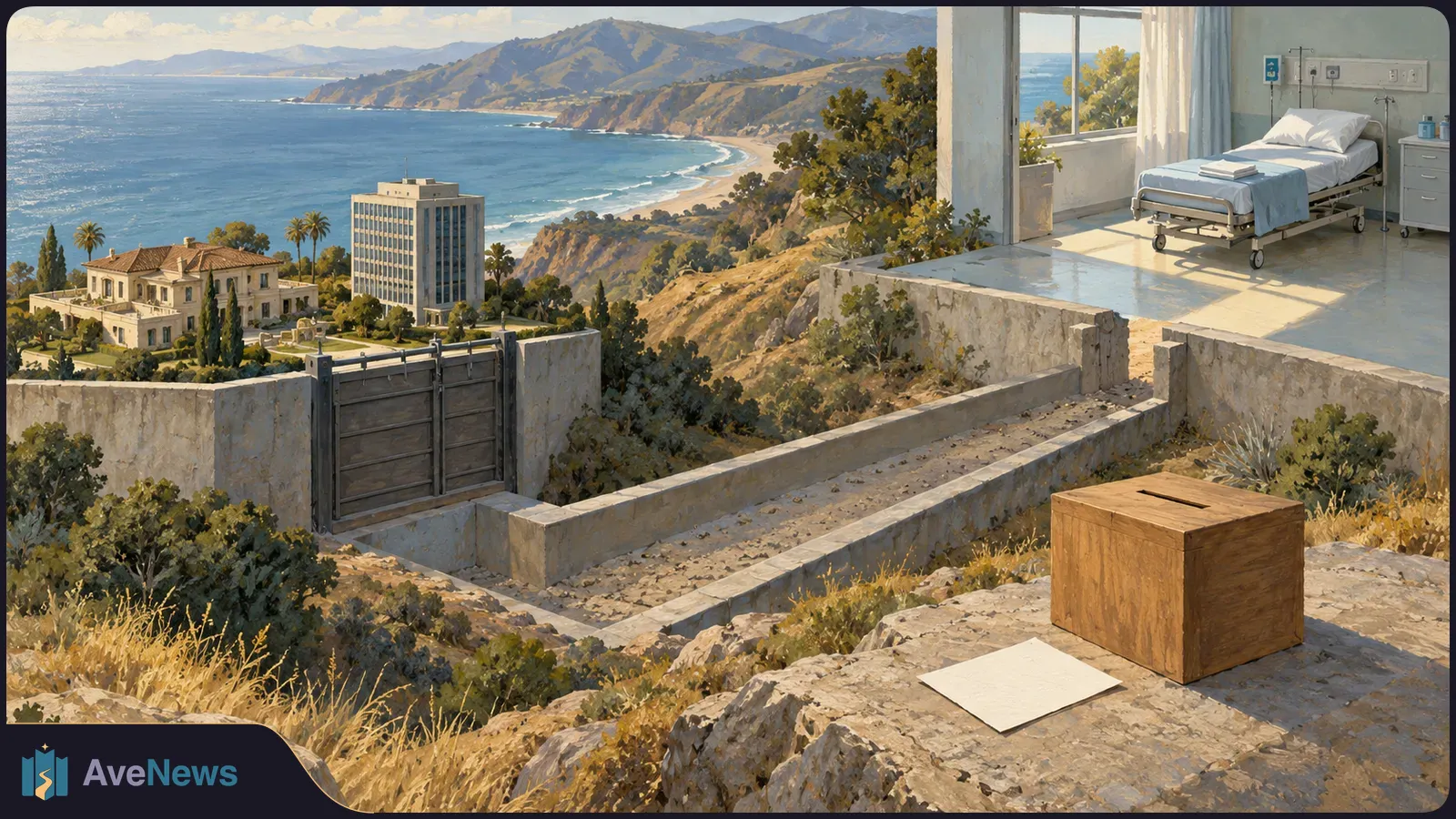 Painterly coastal scene with a gated mansion, a hospital bed in an open room, and a wooden ballot box beside a blank sheet of paper. SI illustration