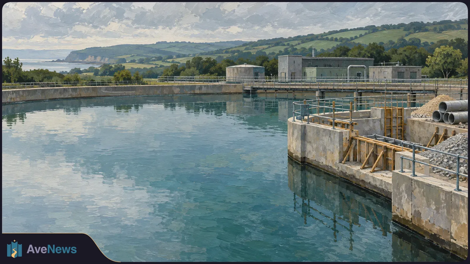 Painted view of a large water basin beside concrete structures, pipes and construction materials, with green hills in the background. SI illustration