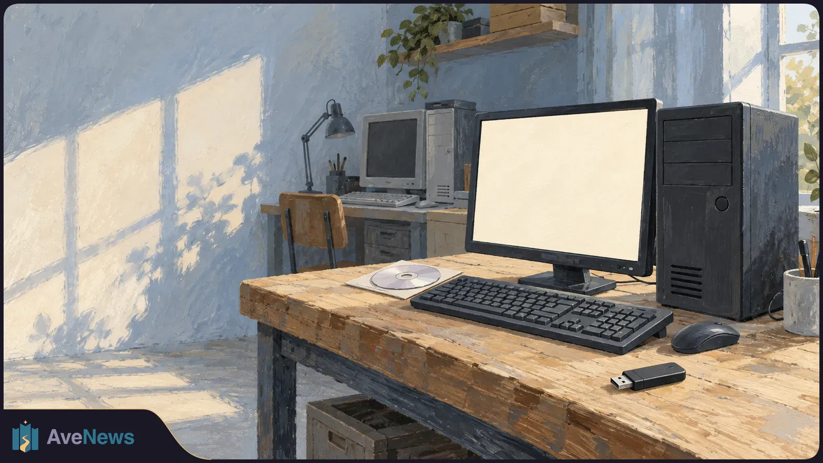 Painted office scene with a blank computer monitor, tower, keyboard, mouse, USB drive and disc on a wooden desk; an older desktop computer sits behind them. SI illustration
