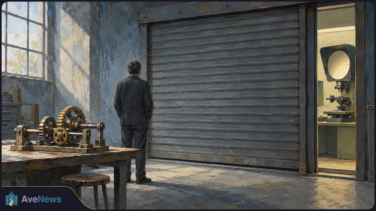 Painted workshop scene with gears on a workbench, a man seen from behind facing a closed metal shutter, and a machine visible through a doorway. SI illustration