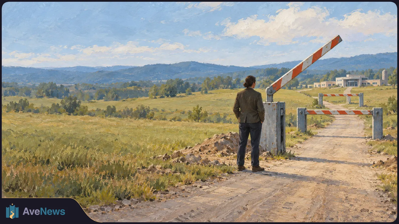 Painted scene of a person standing on a dirt road beside a raised striped barrier. Another barrier crosses the road farther ahead, with a low building, fields and hills beyond. SI illustration