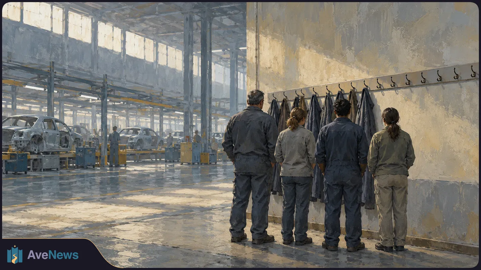 Painterly view of a car factory with unfinished vehicles on an assembly line. Four workers stand with their backs to the viewer beside a row of hanging coats. SI illustration