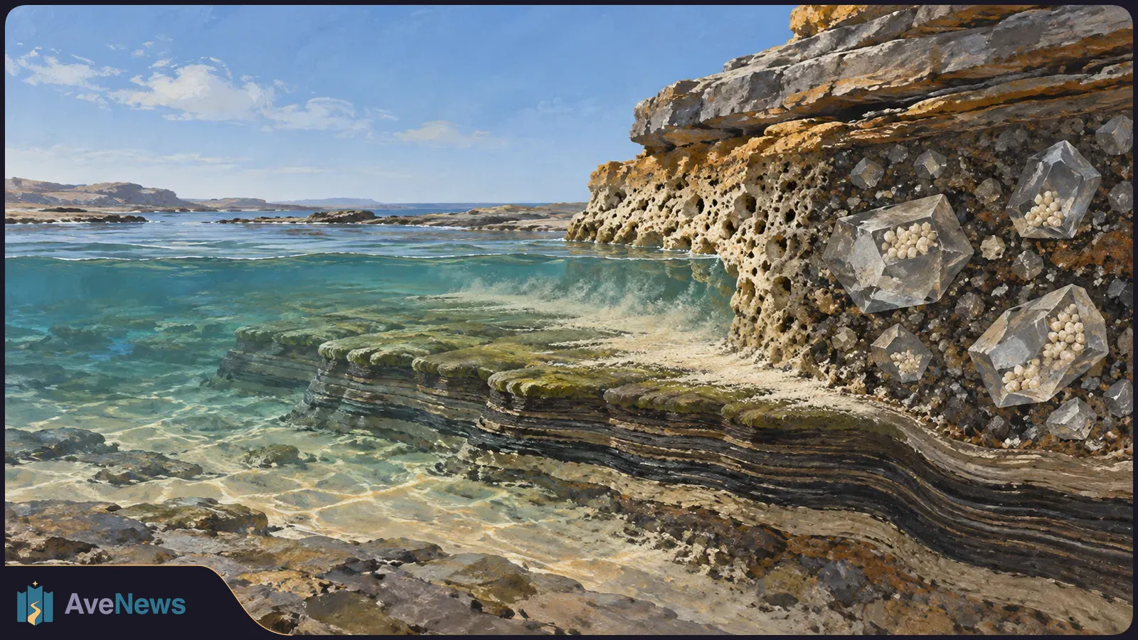 Painted coastal scene with clear turquoise water, layered rocks and transparent angular crystals holding clusters of pale round particles. SI illustration