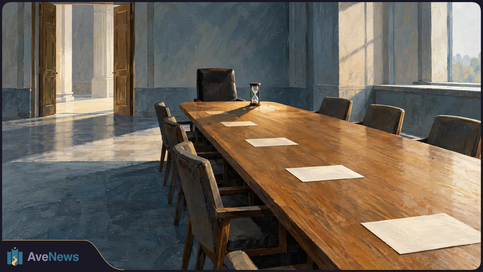 Painterly illustration of an empty meeting room with a long wooden table, blank sheets of paper, an hourglass and open double doors. SI illustration