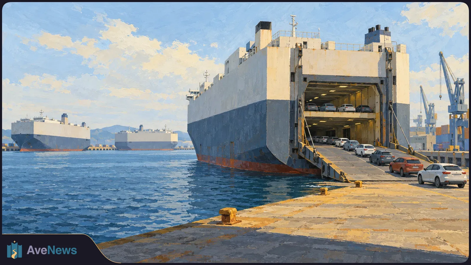 Painted harbor scene with cars boarding a large car carrier by ramp; two more ships and port cranes stand in the background. SI illustration