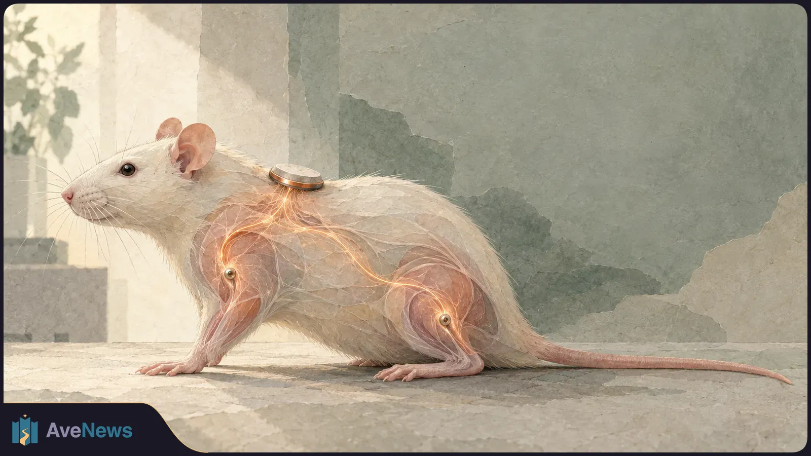 Illustration of a white rat with small implanted nodes and a disk on its back, connected by glowing paths through its body. SI illustration