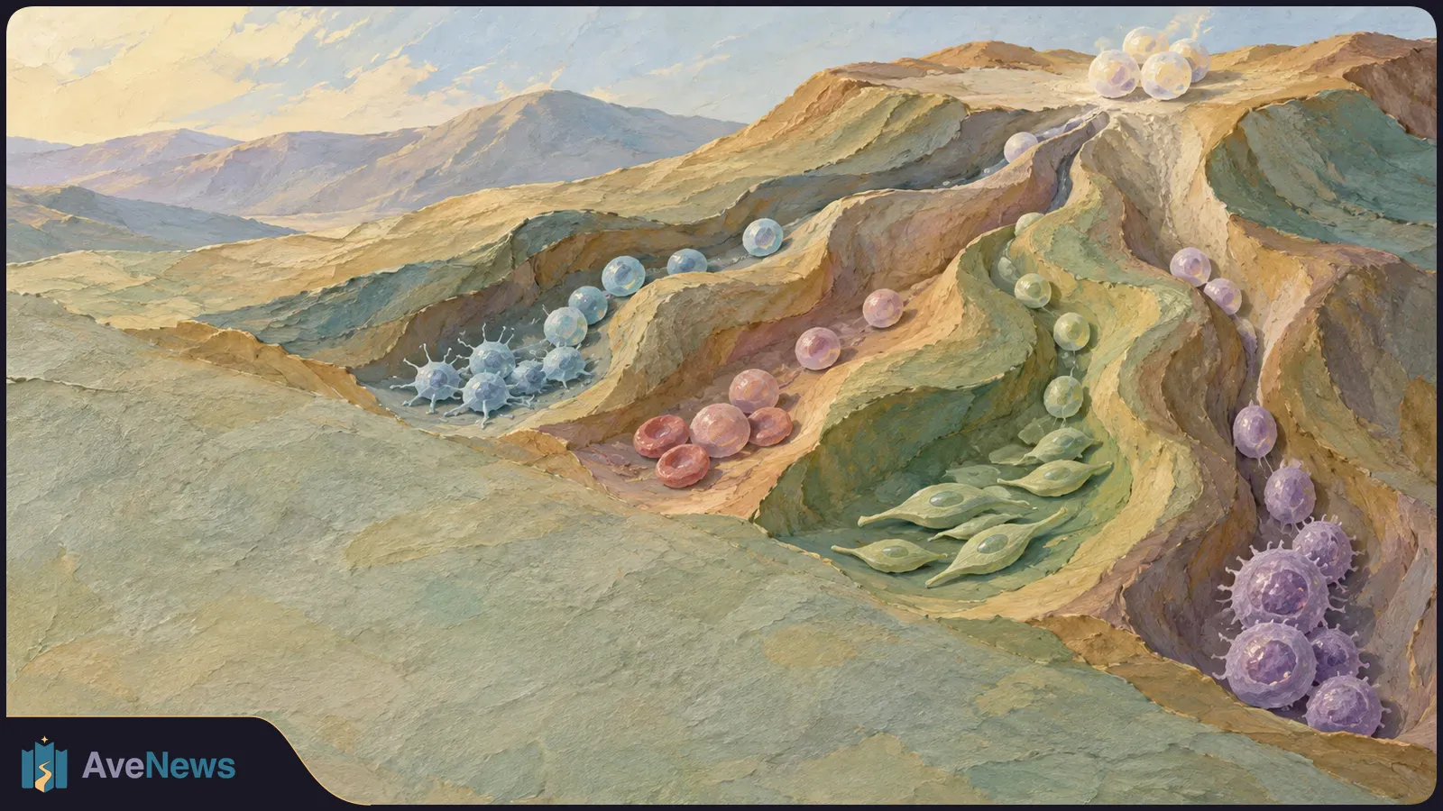 Painted branching valleys hold groups of colorful cell-like spheres. Some have spiky edges, while others are elongated. SI illustration