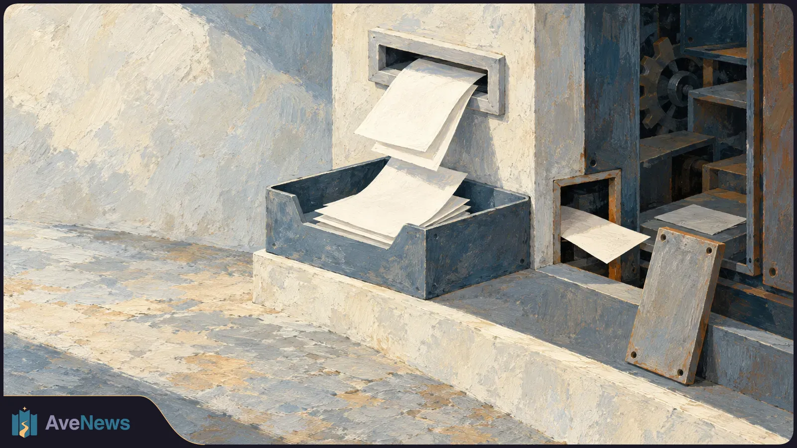 Painted illustration of blank sheets emerging from a wall slot into a tray beside exposed machinery. SI illustration
