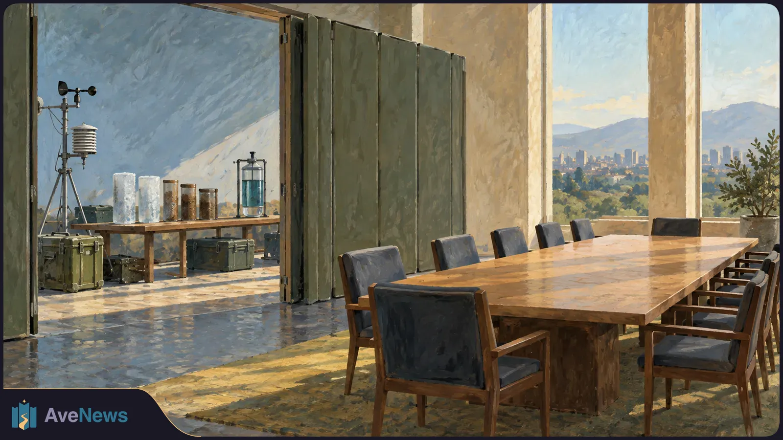 Painted scene of an empty conference table beside an open terrace with weather instruments, sample jars, and a distant city and mountains. SI illustration