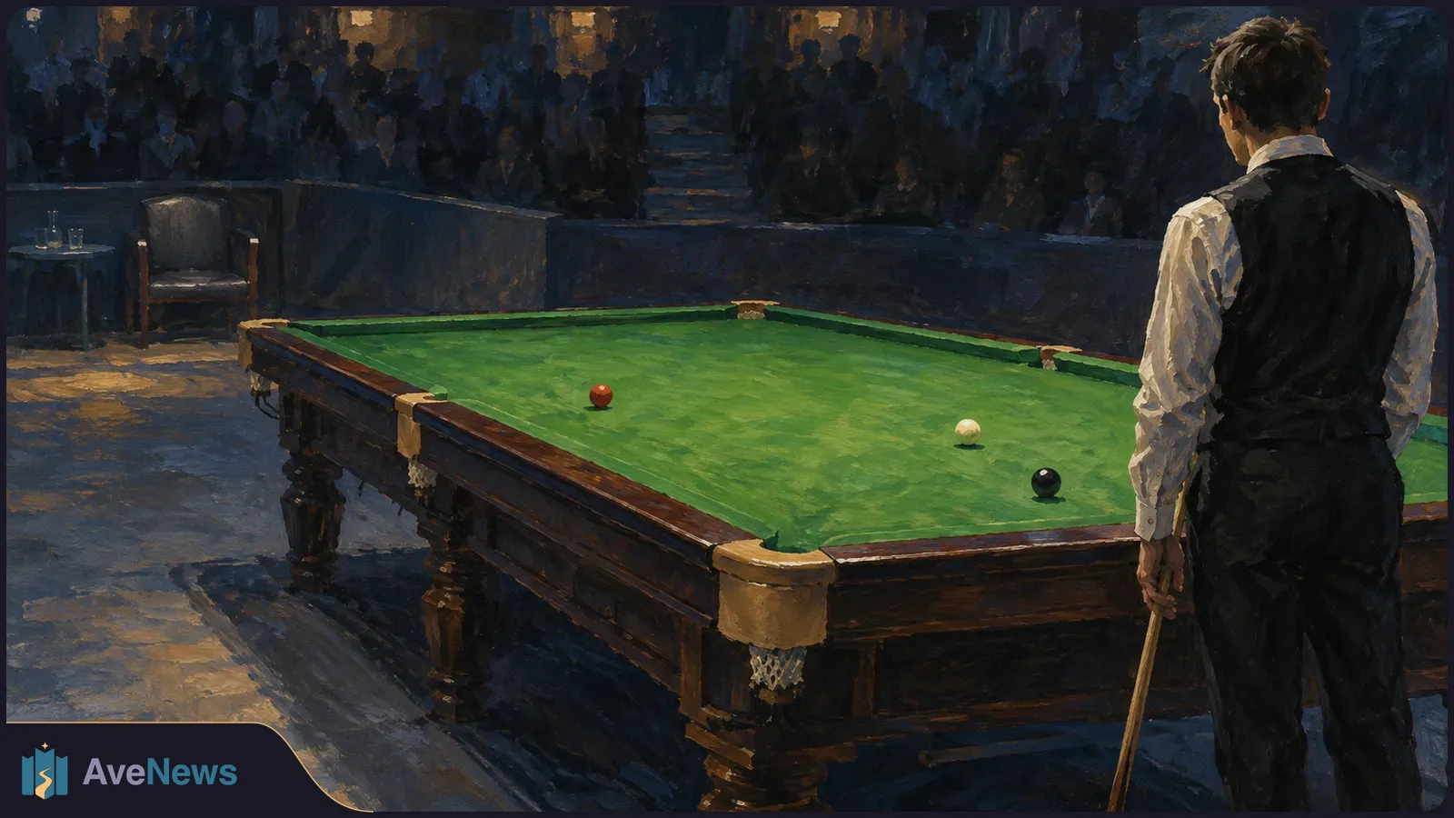 Painted scene of a snooker player seen from behind beside a green table with three balls, facing a dimly lit audience. SI illustration