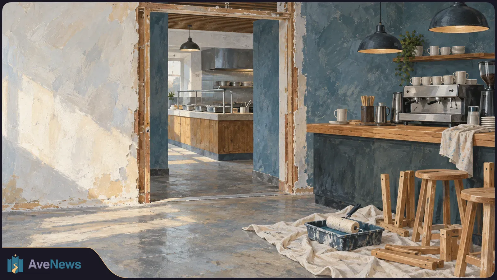 A painted view of an empty café under renovation, with an espresso machine on the counter, a kitchen beyond the doorway, and a paint roller on a drop cloth in the foreground. SI illustration