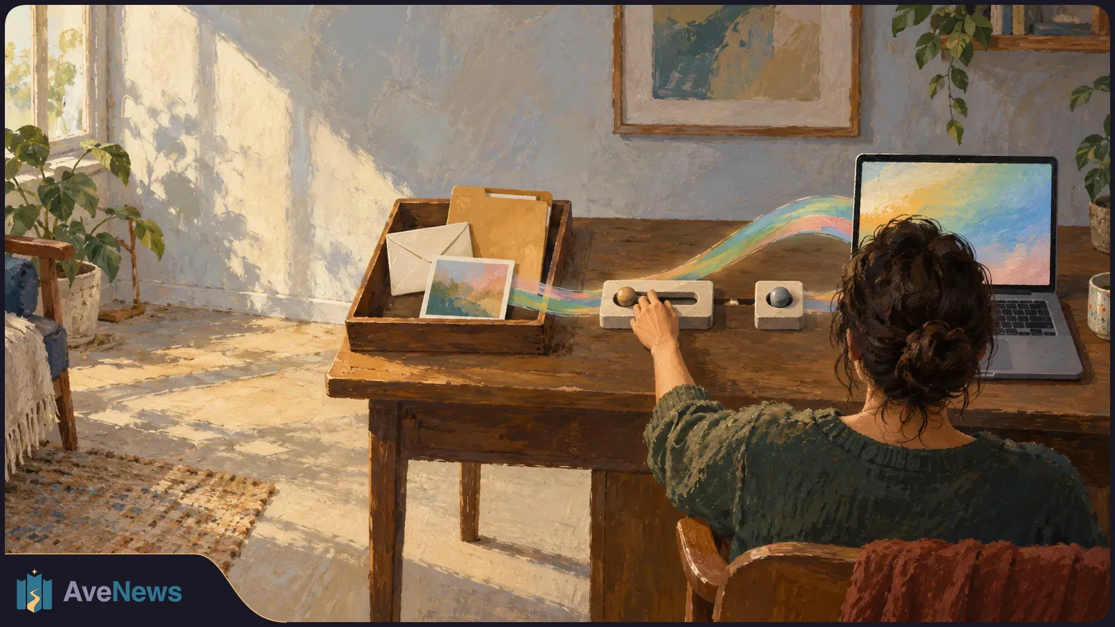Painterly scene of a person at a wooden desk, adjusting a small slider beside papers and an open laptop; a multicolored ribbon arcs between them. SI illustration