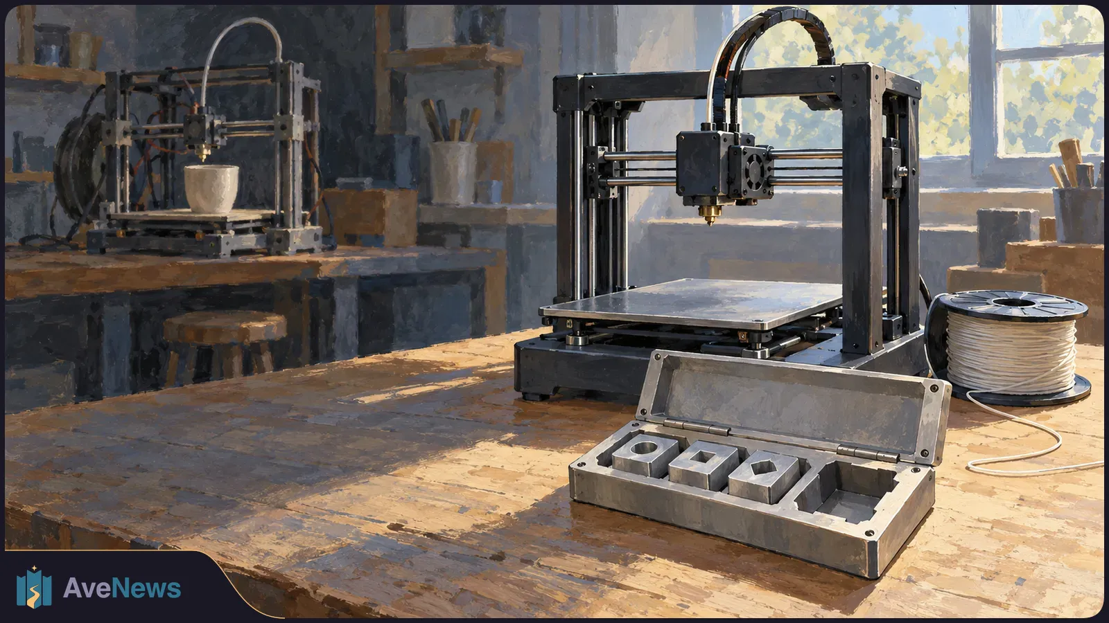 Painterly workshop scene with two 3D printers. A filament spool and an open case of metal parts sit beside the empty foreground printer; the rear printer holds a cup-shaped object. SI illustration
