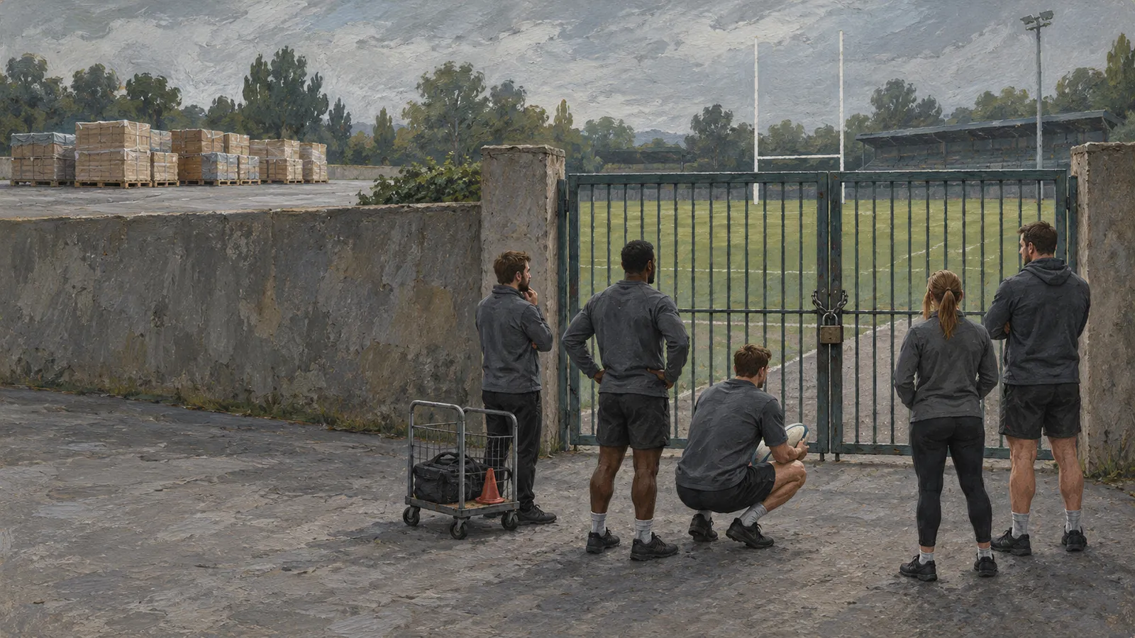 Five people in sportswear face a chained gate overlooking a rugby field; one crouches with a ball, and a cart with equipment stands nearby. SI illustration