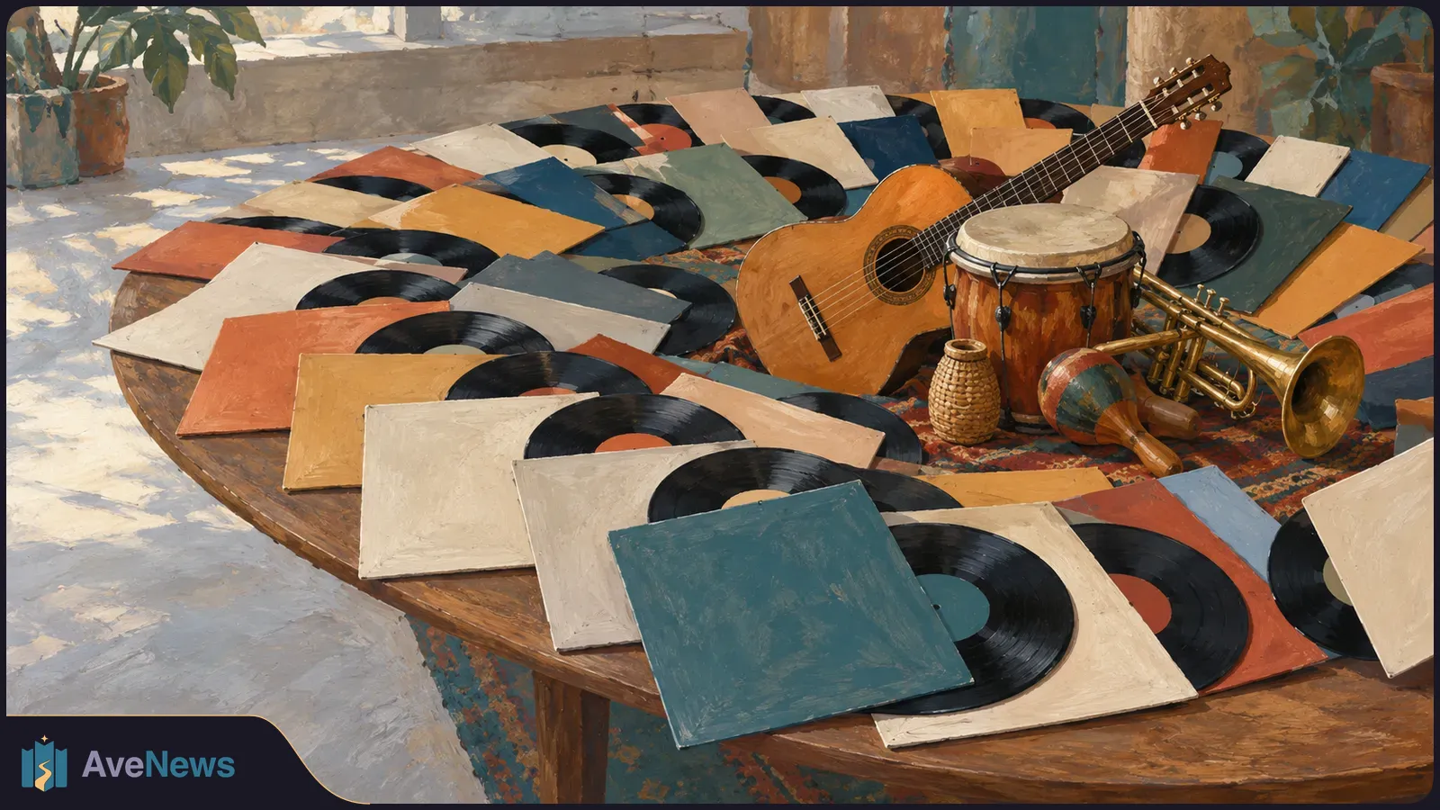 Painted scene of vinyl records in colorful sleeves spread across a wooden table, with a guitar, drum, trumpet and maraca among them. SI illustration