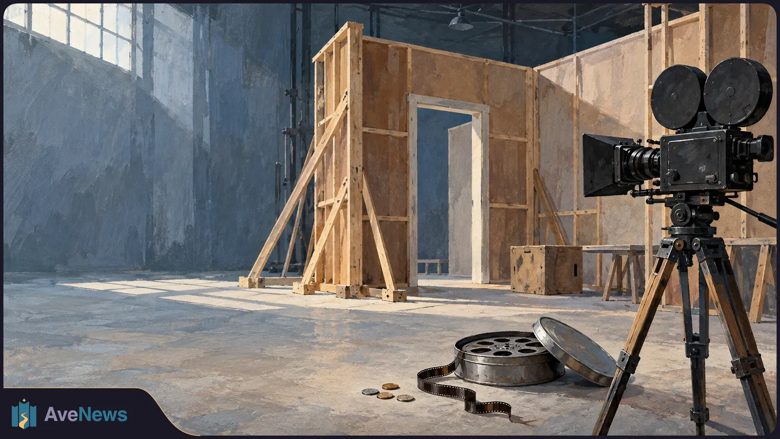 Painted film set with wooden walls, a movie camera on a tripod, and film reels and coins on the floor. SI illustration