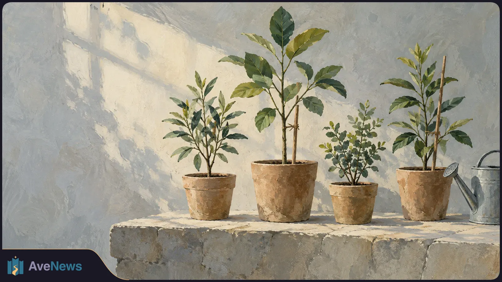 Painterly illustration of four leafy plants in terracotta pots on a stone ledge, with a metal watering can at the right and sunlight on the wall. SI illustration