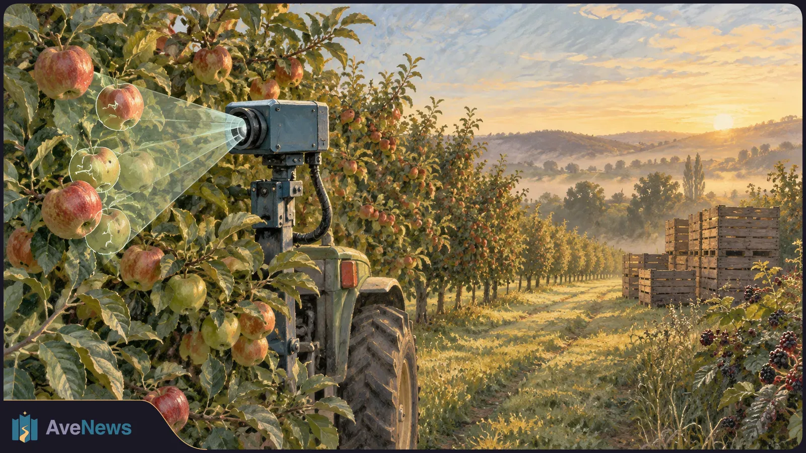 Illustration of a tractor-mounted camera scanning apples in an orchard at sunset, with stacked harvest crates beside the rows. SI illustration