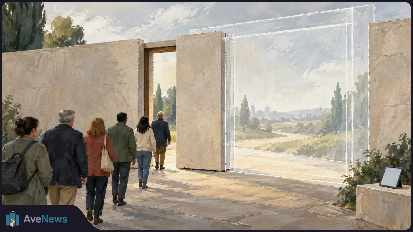 Illustration of six people walking toward an opening in a pale stone wall, beside a transparent panel; a tree-lined path and distant skyline lie beyond. SI illustration