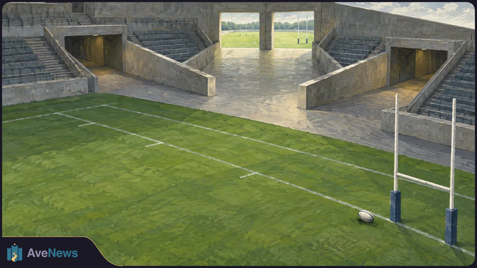 Painted view of an empty rugby stadium, with a ball near the goalposts on a green field and concrete seating and tunnels behind it. SI illustration