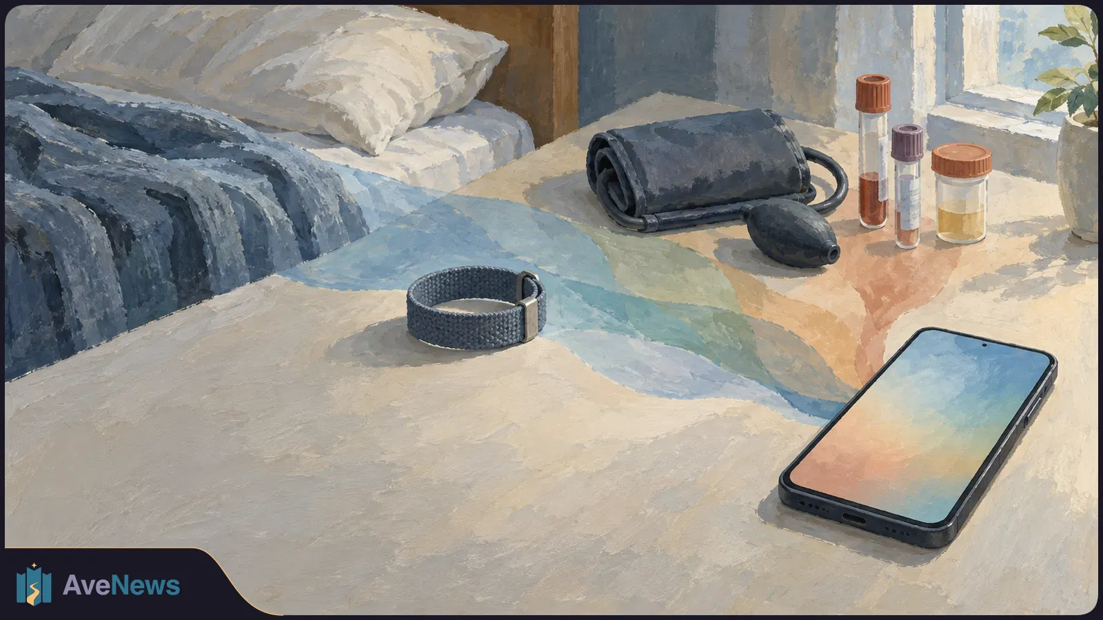 Painterly bedside scene with a bed, wristband, blood-pressure cuff, sample tubes and a phone with a blank, softly coloured screen. SI illustration