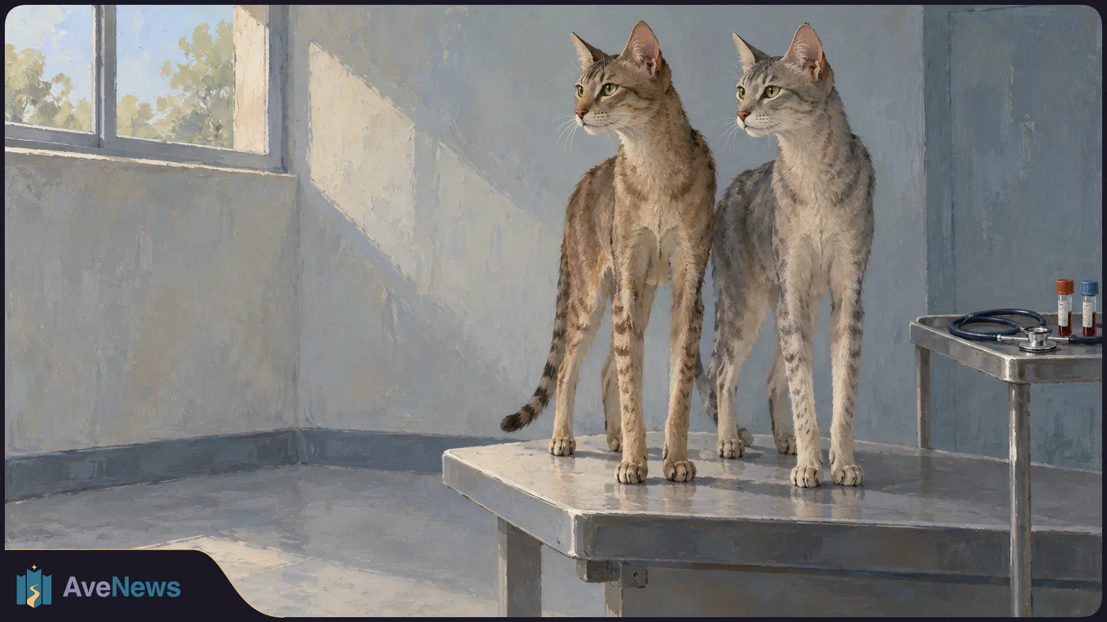 Two long-legged tabby cats stand on a metal examination table in a sunlit room; a stethoscope and two sample tubes sit on a side table. SI illustration