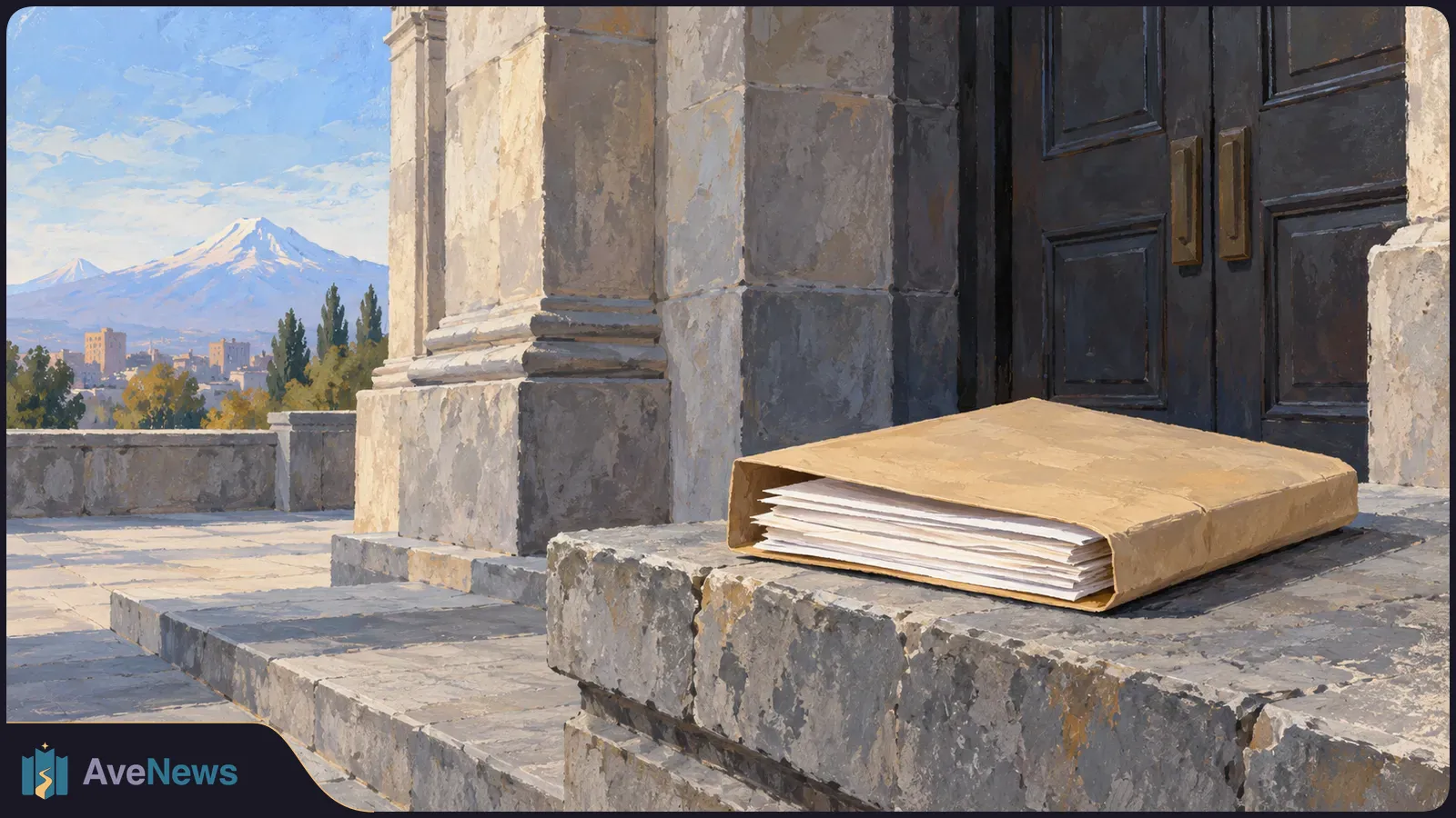 Painted scene of a brown folder holding papers on a stone ledge beside dark double doors, with a city and snow-capped mountain in the distance. SI illustration