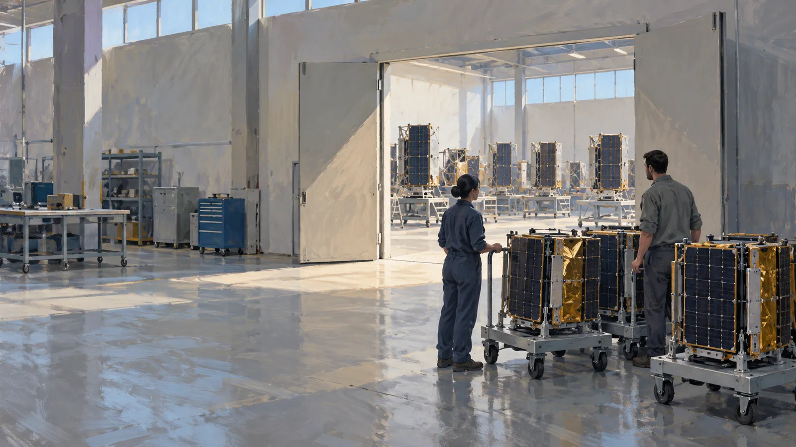 Two workers stand beside small gold-and-black satellites on wheeled carts in a bright workshop, with more equipment visible through an open doorway. SI illustration