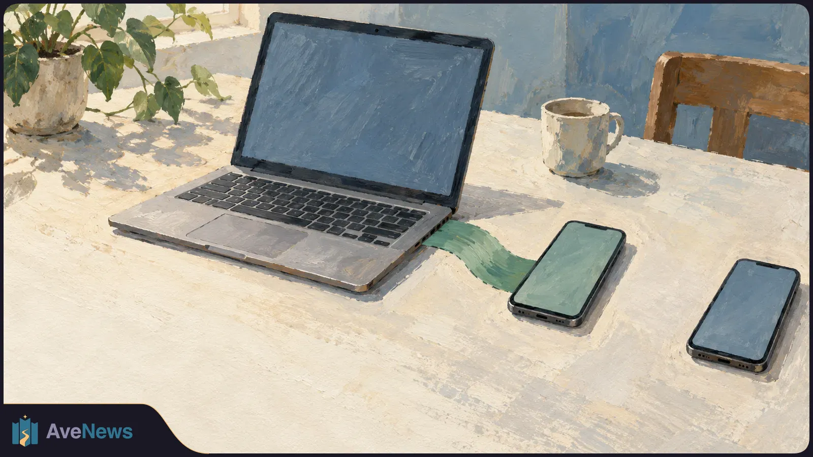Painted scene of an open laptop and two blank-screen phones on a sunlit table. A green ribbon links the laptop to one phone; the other sits apart near a mug and potted plant. SI illustration